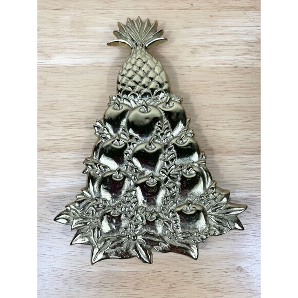 VIRGINIA METALCRAFTERS Brass Christmas Tree Trivet Williamsburg Pineapple VTG - Picture 1 of 10